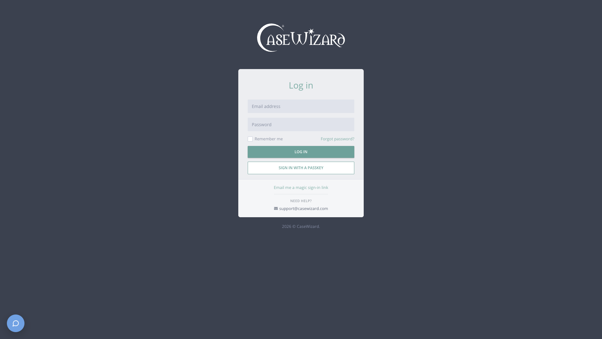 CaseWizard sign-in screen
